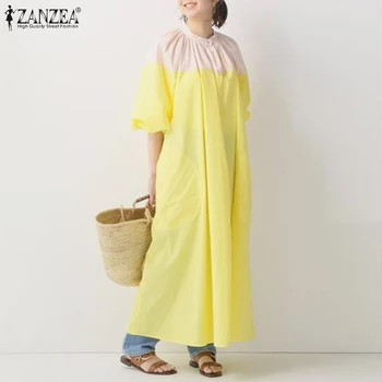 ZANZEA 2021 Módne Patchwork Šaty dámske Jarné Sundress Bežné Lístkového Rukáv Maxi Vestidos Žena O Krk Duté Šaty Plus Veľkosť
