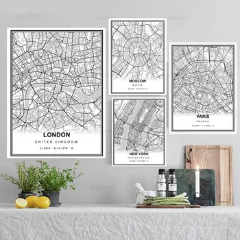 Mapa mesta Berlín, Paríž, Londýn, New York, Bordeaux Plátno na Maľovanie Čiernej a Bielej Umenie Plagátu Domova Nordic Moderný Obraz nástenná maľba
