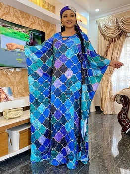 Modrá Farba Afriky Šaty Žien O Krk Moslimských Župan Batwing Rukáv Diamanty Hodváb Afrike Oblečenie Abaya Šaty