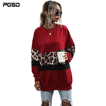 PGSD Nové Jeseň Zima Bežné Ženy Hoodies Módne Oblečenie s Dlhým Rukávom Top Leopard Tlač Patchwork O-Krku Ženy Pulóver