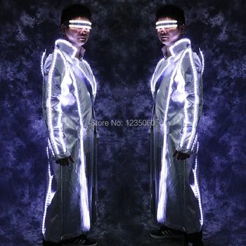 Biele led svetlo kostýmy ballroom dance MJ bunda, kabát aj strana nosí štádiu tkaniny svetelný žiariace Windbreaker okuliare zobraziť dj