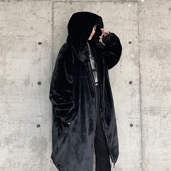 Pánske Zimné Dlho Puffer Bundy pre Mladistvých Gotické Oblečenie Japonský Módne Trendy Faux Králik Srsť Dlhá Srsť Harajuku Streetwear