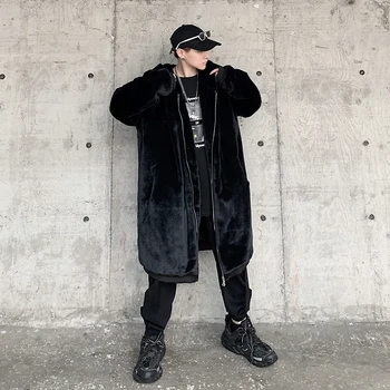 Pánske Zimné Dlho Puffer Bundy pre Mladistvých Gotické Oblečenie Japonský Módne Trendy Faux Králik Srsť Dlhá Srsť Harajuku Streetwear