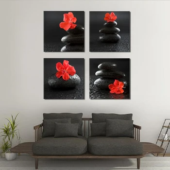 JHLJIAJUN 4 Panel Plátno, Maľovanie na kamienky a červené kvety nástenná maľba domáce dekorácie frameless umelecké diela dospelých darček