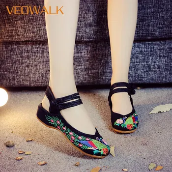 Veowalk Páva Vyšívané Žena Bežné Bavlna Slingbacks Bytov Starého Pekingu Topánky Dámske Topánky Zapatos Mujer Plus Veľkosť 34-41
