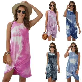 Dámske Bez Rukávov O-Krku Tie-Dye Vytlačené Midi Nádrž Šaty Vpredu Twist Uzol Nepravidelný Príležitostné Voľné Beach Party Sundress