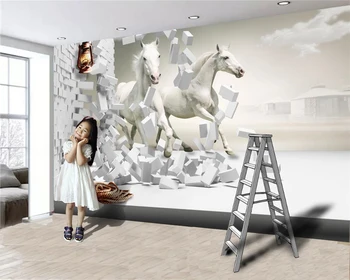 3d Zvierat Tapety na Bielom Koni Cez Stenu 3d Tapety HD Superior Interiérové Dekorácie 3d Tapety nástenná maľba
