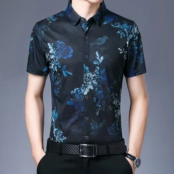 Kreatívne modrá kvetinové a vtákov vzor tlač krátke puzdre tričko v Lete kvalitné mäkké pohodlné luxusné ľadovo chladné mužov tričko M-3XL