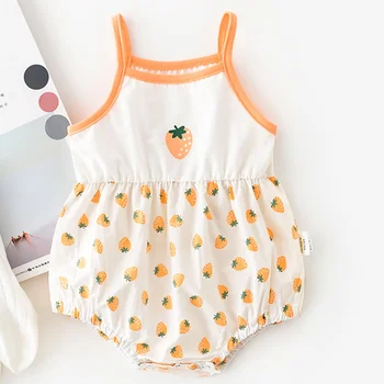 Bavlna Baby Girl Šaty Letné Deti Prehrabať Romper Jumpsuit Tlač Čerešne a jahodový Playsuit Pre Newborn8