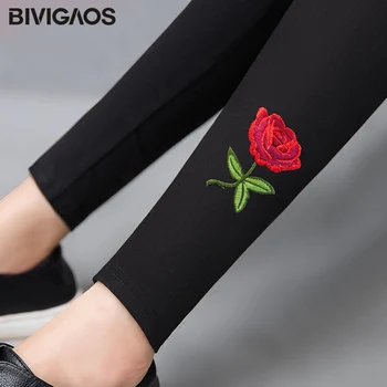 BIVIGAOS Nové Rose Vzor Výšivky Leginy Ceruzkou Nohavice Osobnosti Príliv Tkané Ceruzkou Nohavice Čierne Elastické Nohavice Ženy