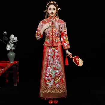 Výšivky Qipao Formálne Čínskej Tradičnej Nevesta Červené Svadobné Šaty, Saténové Vintage Cheongsam Orientálna Klasické китайское платье