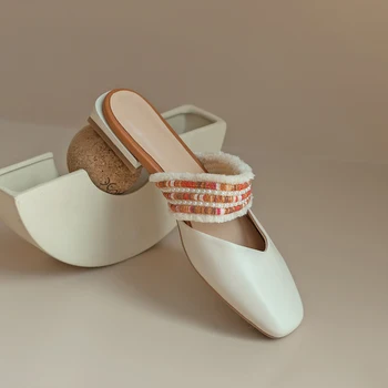 Reálne kožené sladké Ženy papuče štvorcové prst nízke podpätky, topánky žena 2020 Letné Móda Základné Pracovné Topánky Žena