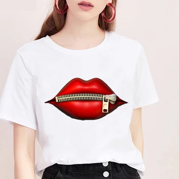 Módne dámske Harajuku Grafiky Vytlačené Bežné Červené Pery T-Shirt Short Sleeve T-Shirts 2020 Vintage Tvorivosti zips T-Shirt