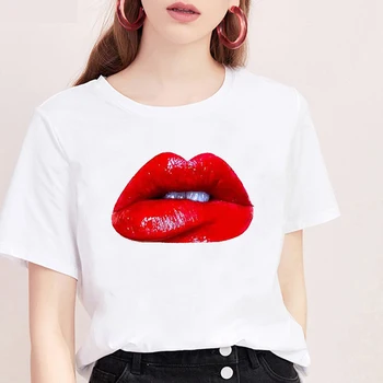 Módne dámske Harajuku Grafiky Vytlačené Bežné Červené Pery T-Shirt Short Sleeve T-Shirts 2020 Vintage Tvorivosti zips T-Shirt