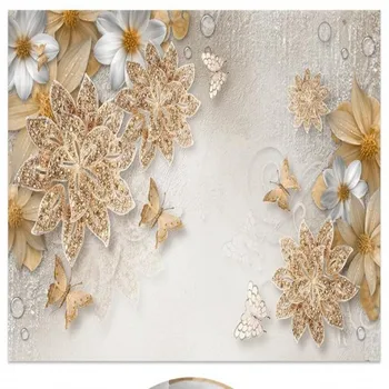 Wellyu Vlastné veľké fresco 3d luxusné zlaté šperky kvety motýľ TV pozadie na životné tapety abstraktných de parede