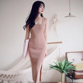 Letné nový kórejský sladké uzáver pletené sexy vesta slim split bez rukávov šaty pletenie Bavlna Bavlna
