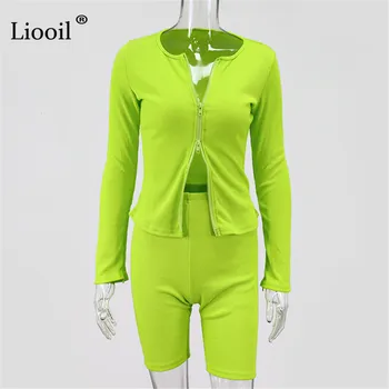 Liooil Neon Zelená 2 Kus Zrastov Súbor Zip Up Sexy Kabát A Biker Šortky 2021 Dlhý Rukáv O Krk Bodycon Zhodné Sady Ženy Oblečenie