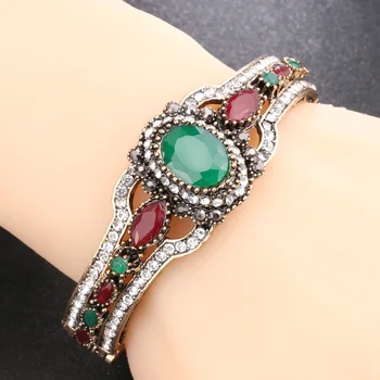 Wbmqda Indické Šperky, Módne Náramky Pre Lásku Ženy, Oválne Green Crystal Starožitné Zlaté Putá Bangles Retro Šperky Veľkoobchod