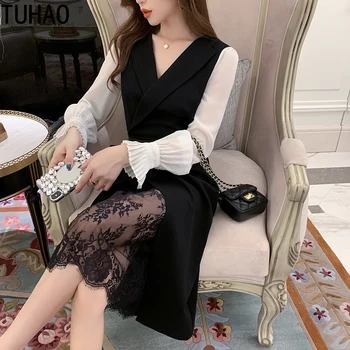 TUHAO elegantnej čipky split party šaty žena Jeseň zima čierna biela vintage vysoký pás dámske šaty s dlhým rukávom WM22