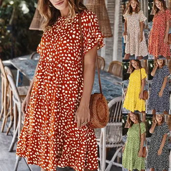 Ženy Letné Šaty 2020 Krátky Rukáv Polka Dot Pláži Šifón Šaty Boho Mini Party Šaty Elegantné O-krku Sundress Vestidos#J30