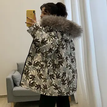 2019Winter vetrovka ženy čalúnená dlhé voľné outwear kapucňou kožušiny golier hrubé teplé bundy javorové listy snehu kabát nadrozmerná streetwear