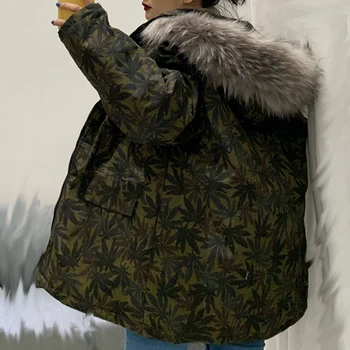 2019Winter vetrovka ženy čalúnená dlhé voľné outwear kapucňou kožušiny golier hrubé teplé bundy javorové listy snehu kabát nadrozmerná streetwear