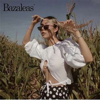 Bazaleas 2019 Vintage White dámske topy a blúzky, Módne Backless Kruhu blúzka Svietidla Rukáv blusas Bežné blusa feminina