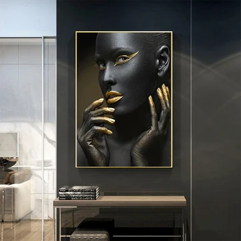 Black Gold Africkej Ženy Portrét olejomaľba na Plátne Plagáty a Tlačí na Steny Umenie Obrázok pre Obývacia Izba Dekor Cuadros