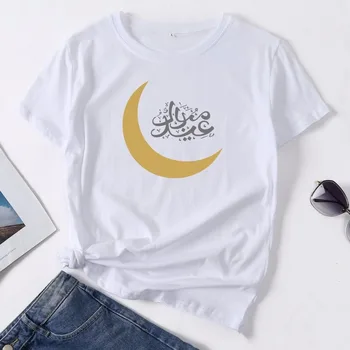 Letné Ženy tričko Plus Veľkosť S-5XL Bavlna, Krátky Rukáv Mesiac arabské Písmená Tlač Žena Bežné t-shirt Žena Tees Topy