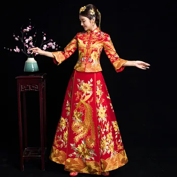 Červené Zlato Phoenix Výšivky Šaty Žena Tradičné Čínske Šaty Žien Dlhý Rukáv Cheongsam Qipao Pre Svadobné Orientálna Župan