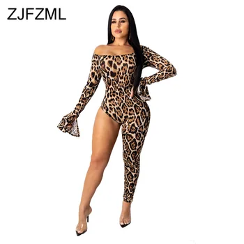 Studená Ramenný Jeseň Jeden Kus Celkovo Ženy Lomka Krku Svetlice Rukáv Obväz Jumpsuit Streetwear Leopard Tlač Nepravidelný Catsuit