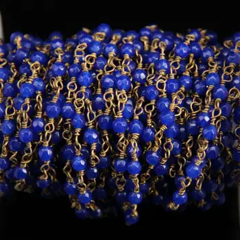 Tmavo Modré Jade 4 mm Tvárou Kolo Perličiek Reťazca Ruženec,Mosadzný Drôt Zabalené Malajzia Jaspis korálky štýl Reťazca sveter reťaze Šperky