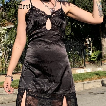 Gotická Temné, Gotické Čipky čalúnenie Čierne Mini Šaty Punk Mall Goth Vysoký Pás Hodváb Sexy Duté Sa Ženy Šaty Špagety Popruh Partywear