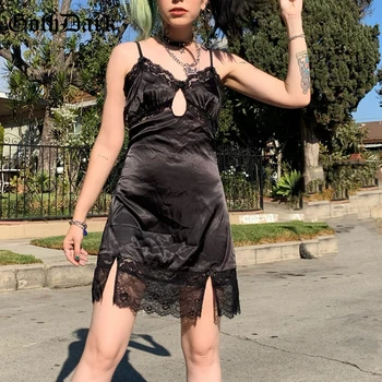 Gotická Temné, Gotické Čipky čalúnenie Čierne Mini Šaty Punk Mall Goth Vysoký Pás Hodváb Sexy Duté Sa Ženy Šaty Špagety Popruh Partywear