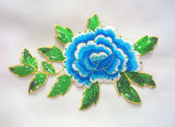 16*26 cm modrá shinning sequined pivónia kvet & list výšivky & paillette patch nášivka pre výkon, oblečenie, dekorácie urob si sám