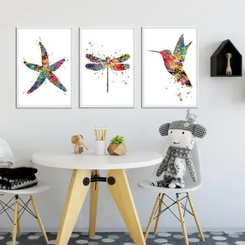 3 Kusy Akvarel Vták Hviezdice Wall Art Plátno Plagáty a Vytlačí Abstraktnej Maľbe Dekoratívne Obrázky pre Spálne