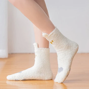 CHAOZHU Pani Zime Sneh Dní Spacie Ponožky Teplé Coral Fleece Jeden 3D Modelovania Náušnice Roztomilý Jediným Mačka Packa Kawaii Dievčatá Sockken