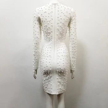 Vysoko Kvalitné Ženy Zimné Luxusný Sexy Dlhý Rukáv Lištovanie White Pearl Obväz Šaty 2020 Dizajnér Večerné Šaty Club Vestido