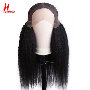 HairUgo 13*(5*1) Kinky Rovno Ľudské Vlasy, Parochne Peruánskej Remy T Časť Čipky Vlasové Parochne Pre Čierne Ženy Uzavretie Parochňu 180% Hustota