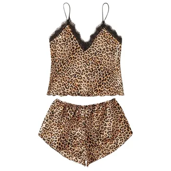 Nové Letné Sexy spodnú Bielizeň Sexy Žien Leopard Tlač Hlboké V-neck Pohodlné Čipka Košieľka Krátke Dvoch-dielny Oblek