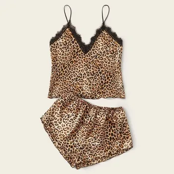 Nové Letné Sexy spodnú Bielizeň Sexy Žien Leopard Tlač Hlboké V-neck Pohodlné Čipka Košieľka Krátke Dvoch-dielny Oblek