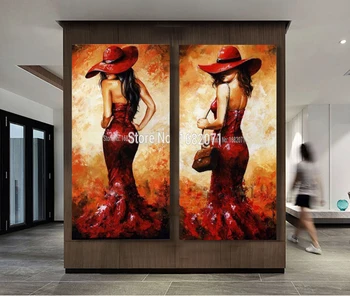 Top Umelec Ručné Sexy Lady S Červené Šaty a Red Hat Nôž olejomaľba Na Plátne, Ručne vyrábané Horúce Telo, Žena Plátno olejovými Farbami