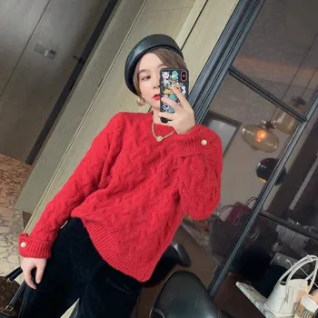 Sveter ženy 2020 nové jeseň zima lenivý štýl čistý červený pulóver klesnutie tričko ženy nosiť voľné
