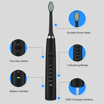 Silný Elektrický zubná Kefka USB Nabíjateľné Časovač 5 Režimov Ultrazvukové Zubov Nepremokavé Zuby Kefkou s Náhradné Hlavy