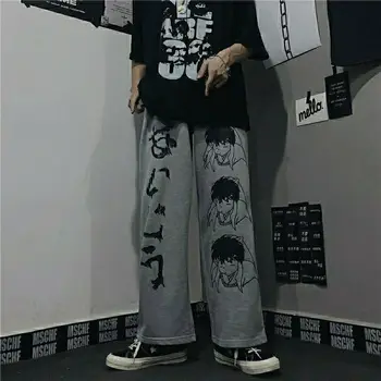 Harajuku Anime postavy, módne Japonský vzor hip hop širokú nohu, nohavice, ženy, muži bežné streetwear elastický pás bezec nohavice