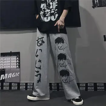 Harajuku Anime postavy, módne Japonský vzor hip hop širokú nohu, nohavice, ženy, muži bežné streetwear elastický pás bezec nohavice