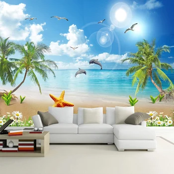 Vlastné Fotografie, Nástenné Maľby, 3D Tapety Maľby Modrá Obloha, Biele Oblaky Piesočnatej Pláži Seascape Obývacia Izba Pozadí nástenná maľba De Parede