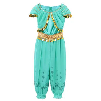 Jasmine Aladdin 2019 Princezná Šaty Dievčatá Čipky Sequined Zelená Lístkového Krátke Rukávy Arabskom Onesies Deti Zdobiť Strany Kostýmy