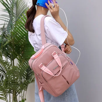 Ružová Ženy Batohy Školy Dospievajúcich Dievčat Roztomilý Čerstvé Nylon Späť Pack Dámy Multifunkčné Bagpack USB Nabíjanie 2020 Nové