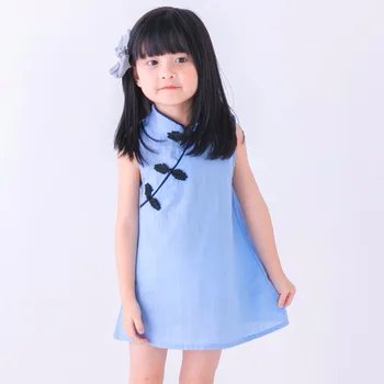 2019 Letné Baby Girl Šaty Klasický Čínsky Štýl Bez Rukávov Dieťa Dievčatá Cheongsam Šaty Bavlnená Posteľná Bielizeň Vintage Oblečenie